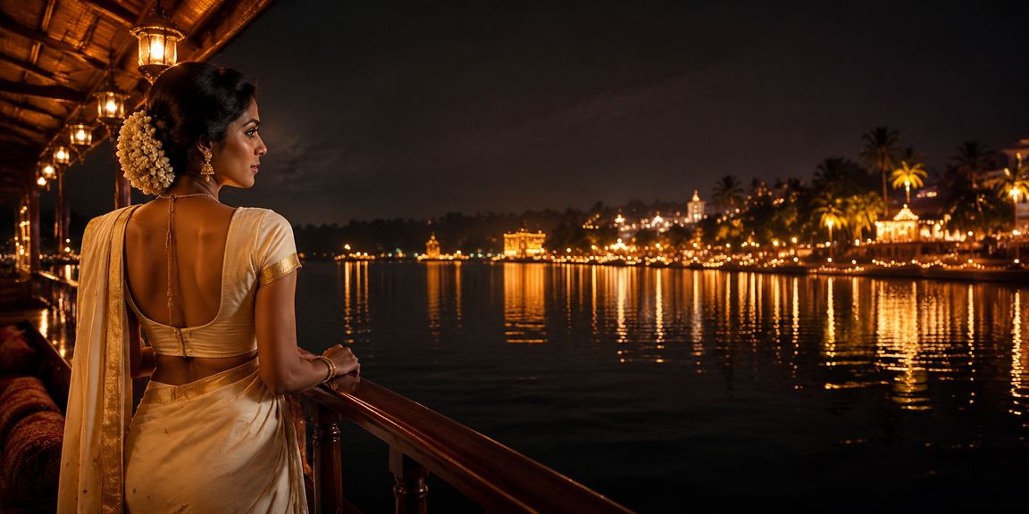 Family playing lottery on mobile near Kerala backwaters during Diwali